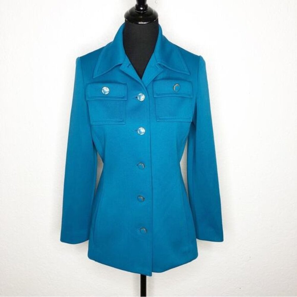 Vintage Kimberly teal peacock blue Dacron polyester button front jacket 60s 70s